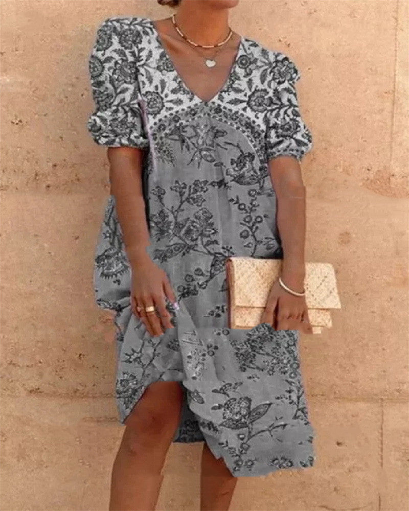 Floral V-Neck Mid-Length Dress by Greta 