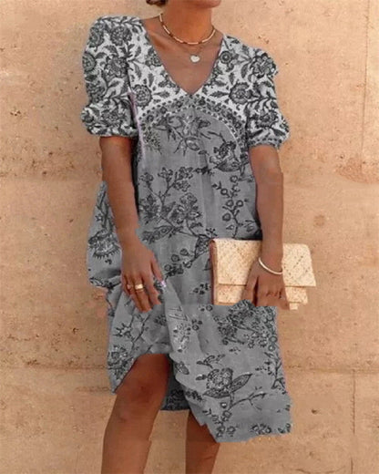 Floral V-Neck Mid-Length Dress by Greta 