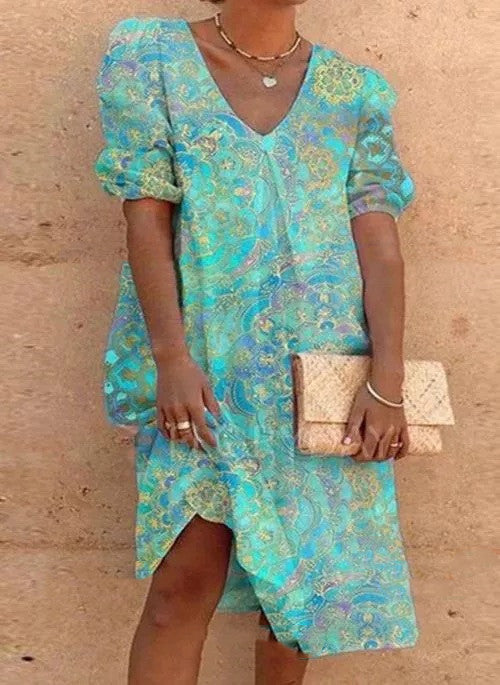 Floral V-Neck Mid-Length Dress by Greta 