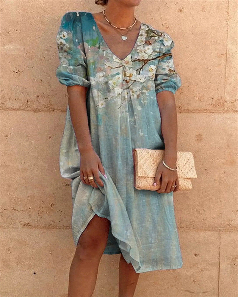Floral V-Neck Mid-Length Dress by Greta 