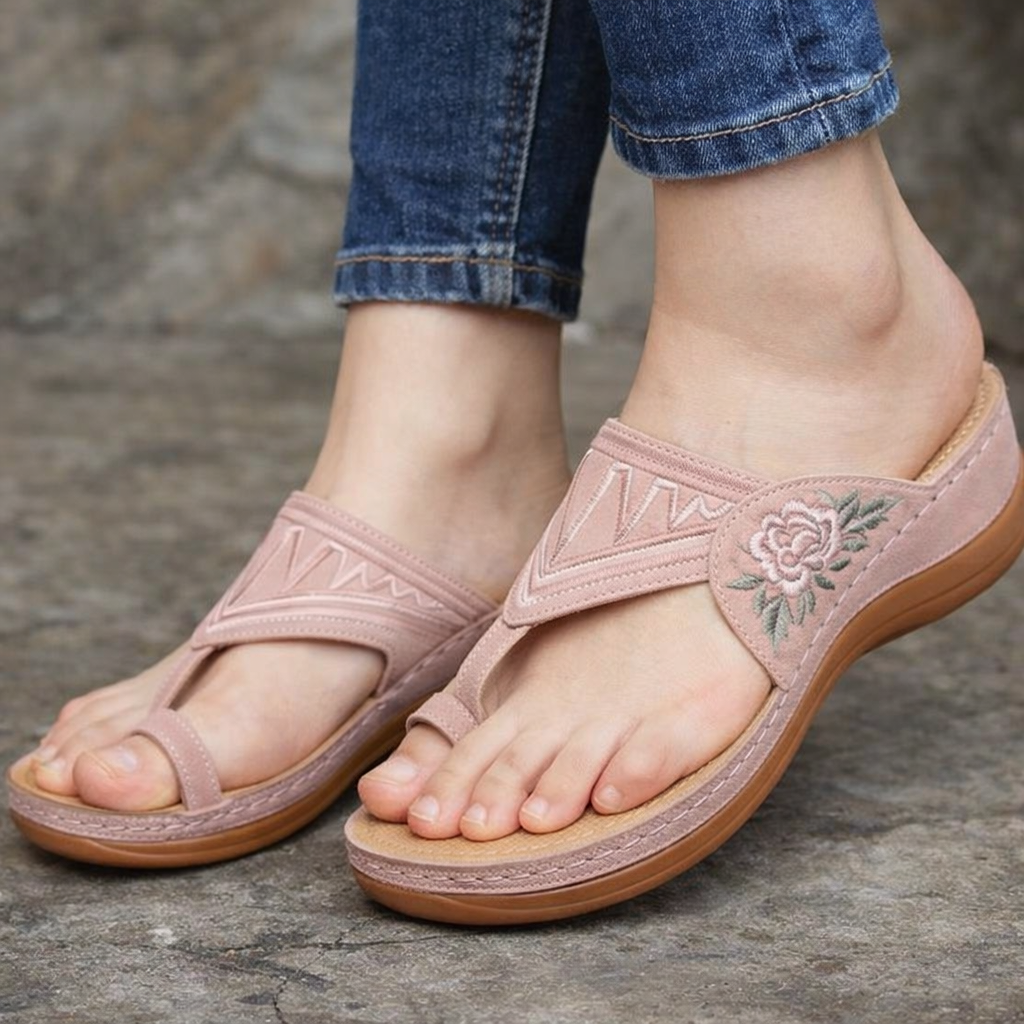 Embroidered Floral Wedge Sandals by Greta 