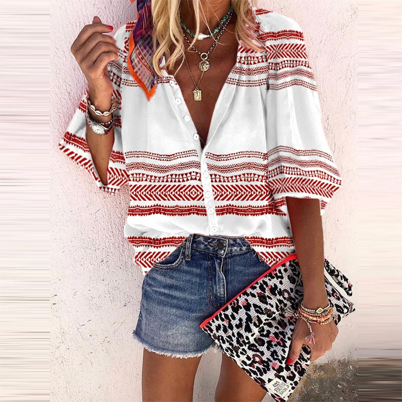 Boho Stripe Print Greta  Button Blouse