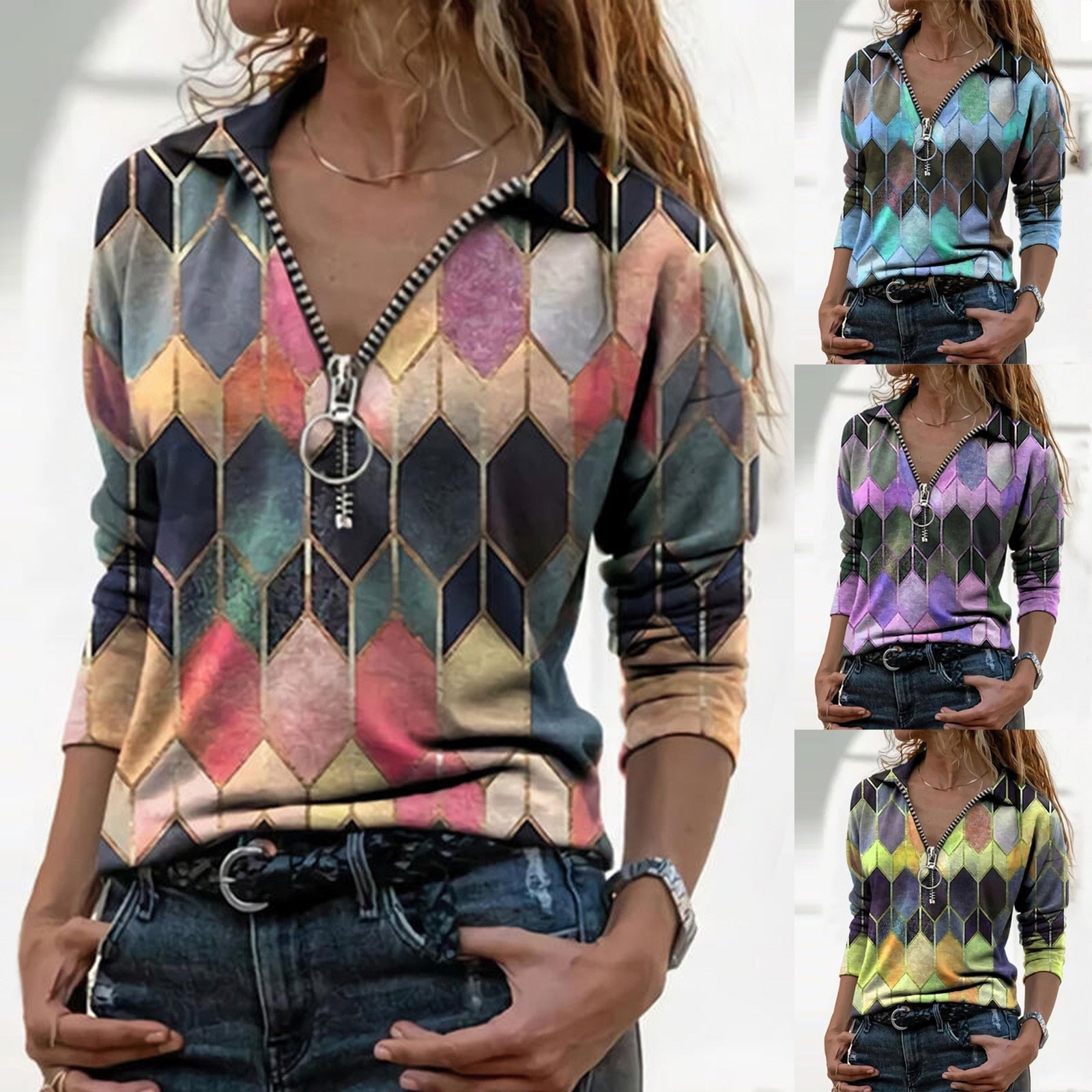 Colorful Zip V-Neck Top Greta  Perfect-Fit