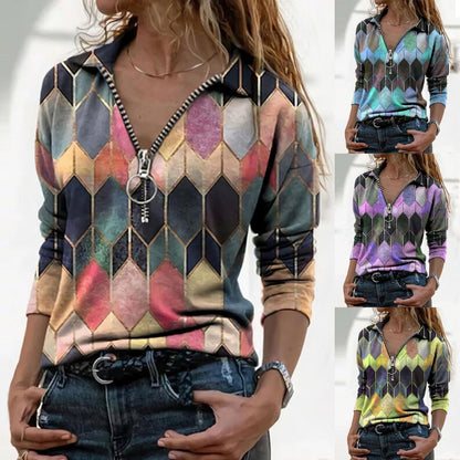 Colorful Zip V-Neck Top Greta  Perfect-Fit