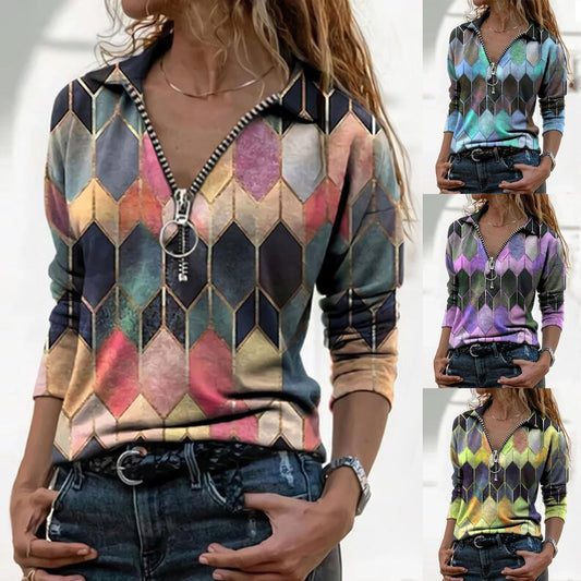 Colorful Zip V-Neck Top Greta  Perfect-Fit