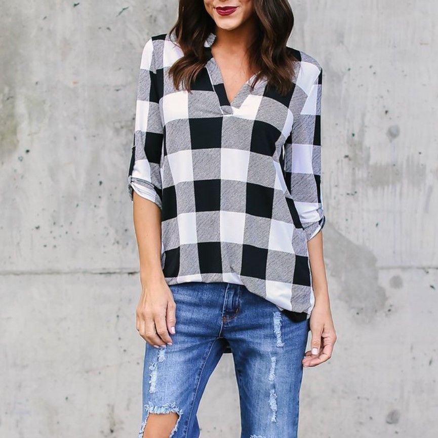 Plaid V-Neck Loose Blouse by Greta 