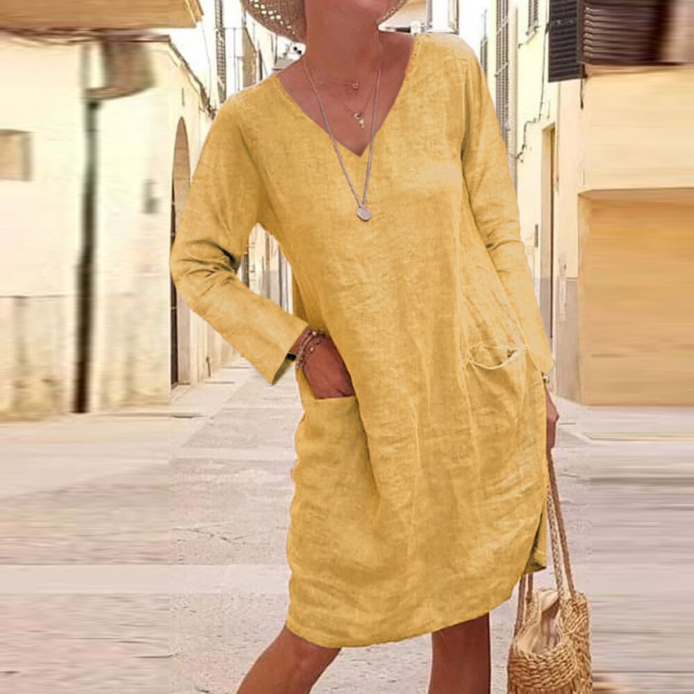 Elegant Cotton Linen V-Neck Dress by Greta 