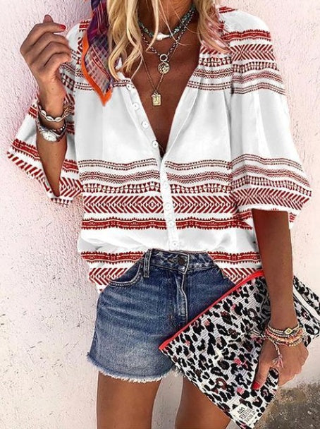 Boho Stripe Print Greta  Button Blouse