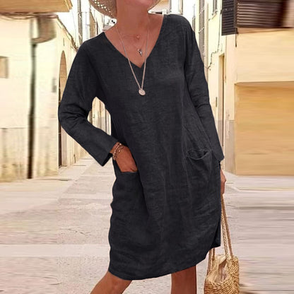 Elegant Cotton Linen V-Neck Dress by Greta 