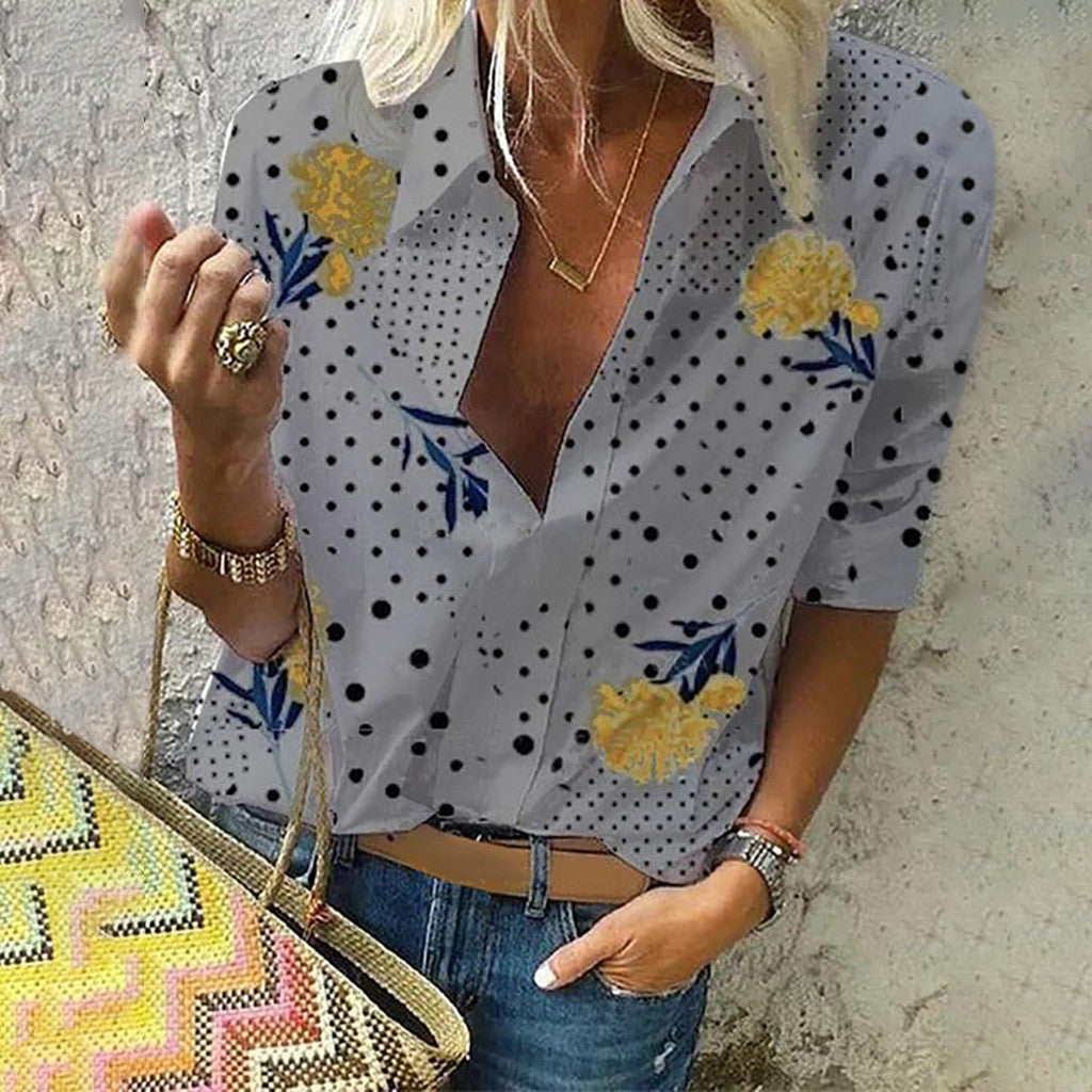 Chic Floral Dot Greta  V-Neck Fashion Top
