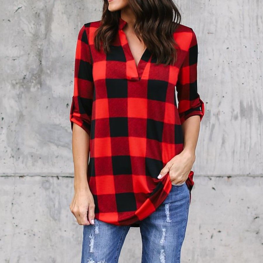 Plaid V-Neck Loose Blouse by Greta 