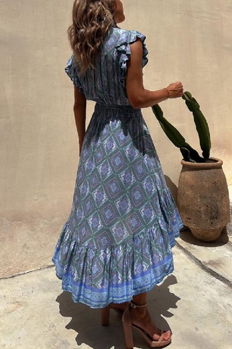 Boho Printed Greta  Flying Sleeve Maxi Dress