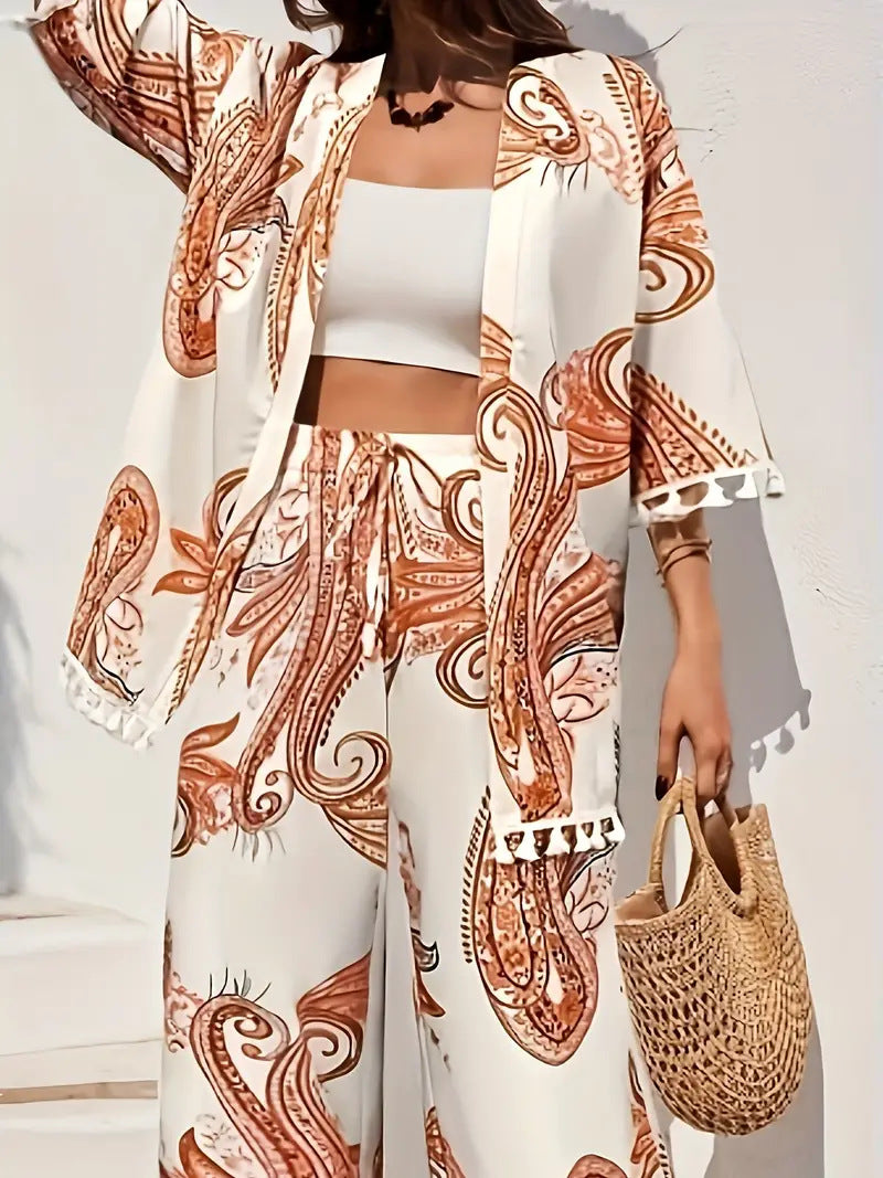 Chic Printed Greta  Cardigan Pants Set