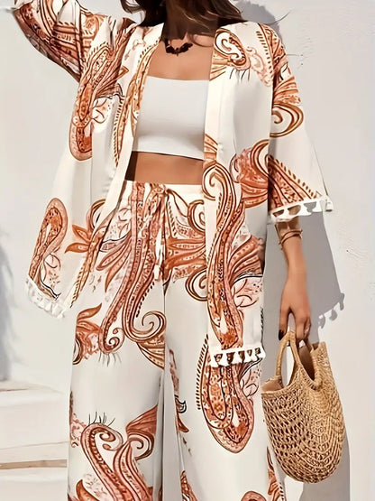Chic Printed Greta  Cardigan Pants Set