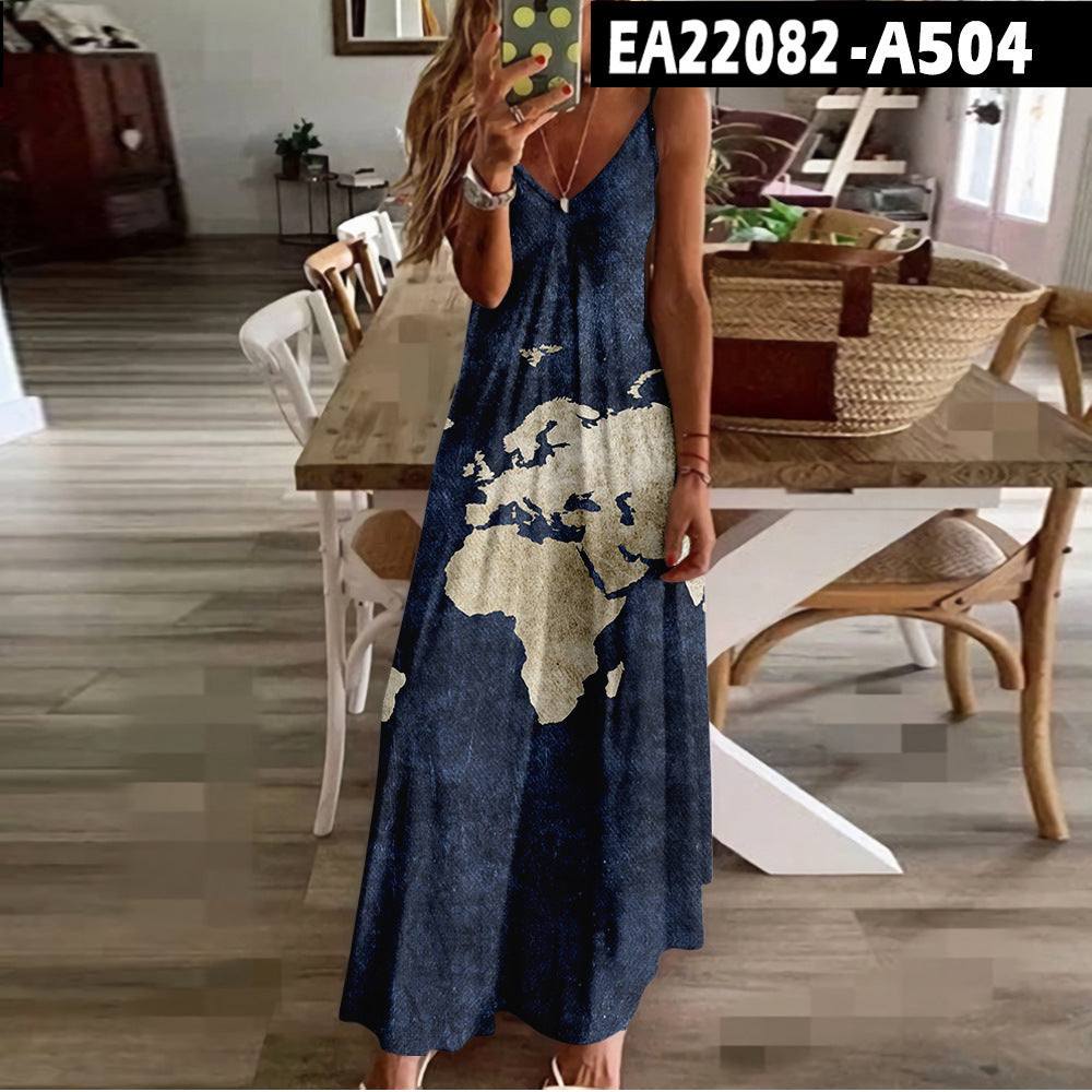 Chic Map Print Greta  High Waist Maxi Dress