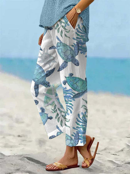 Sea Turtle Print Greta  Cropped Pants