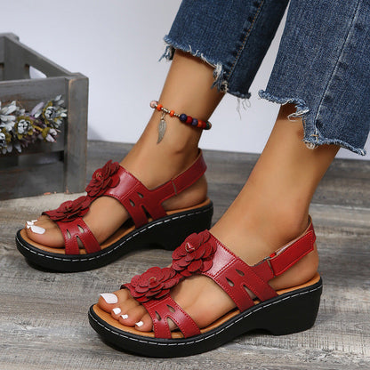 Retro Floral Slope Heel Sandals by Greta 