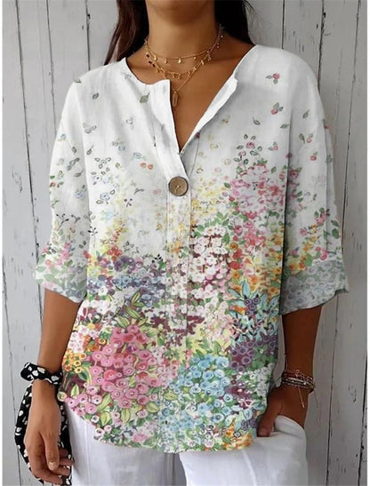 Floral Print Greta  Button V-Neck Casual Top