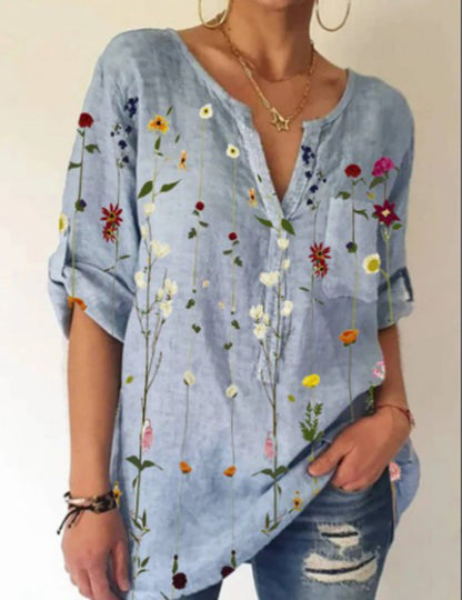 Printed V-Neck Cotton Blouse by Greta 