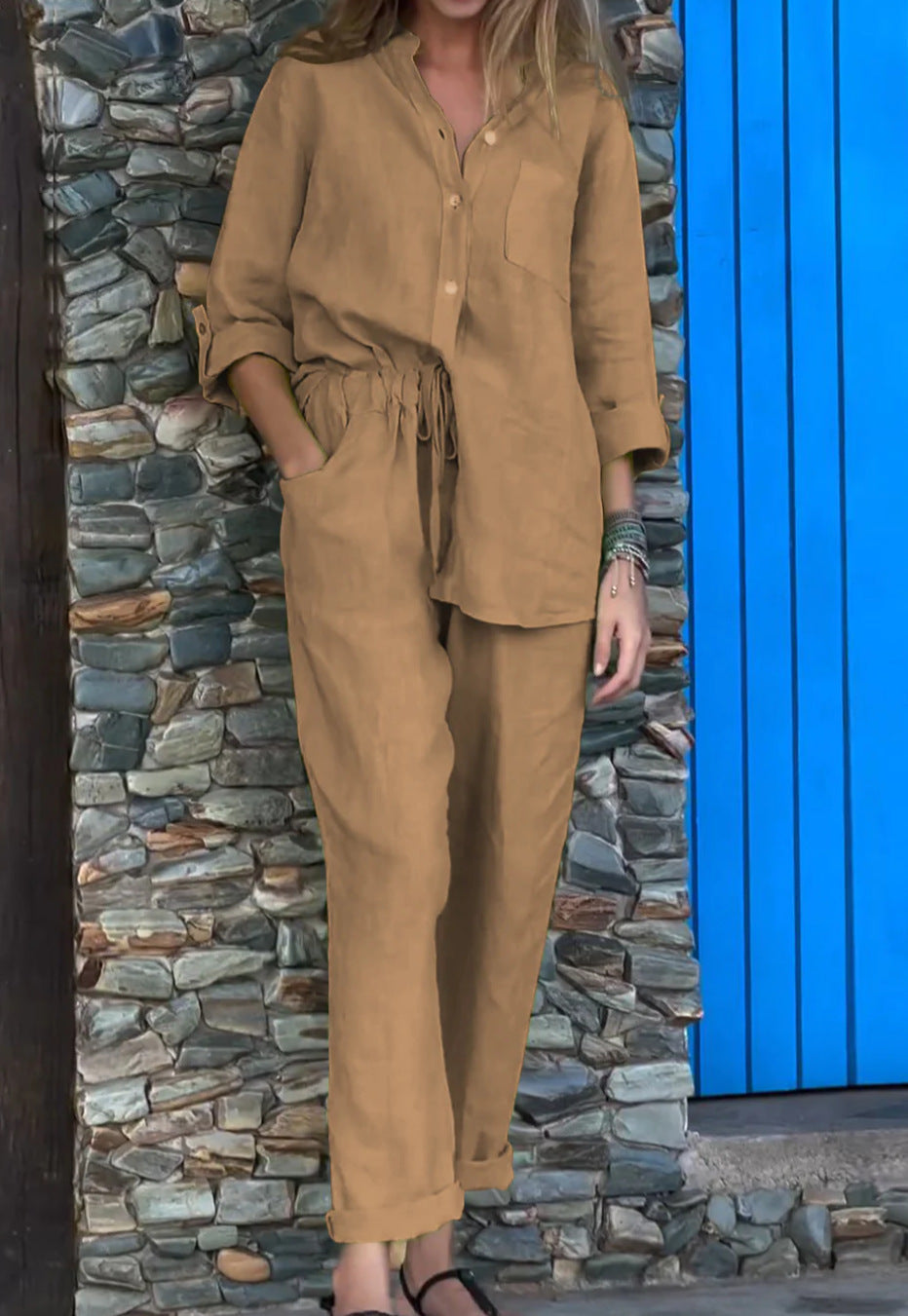Chic Cotton Linen Set Greta  High Waist Trousers