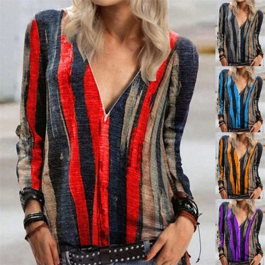 Vibrant Stripe Greta  V-Neck Zip Top
