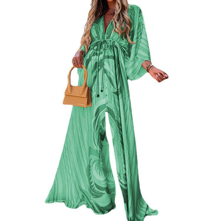Vibrant V-Neck Lace-Up Maxi Dress by Greta 