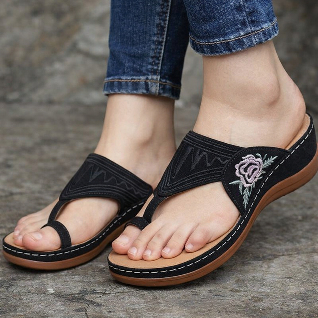 Embroidered Floral Wedge Sandals by Greta 