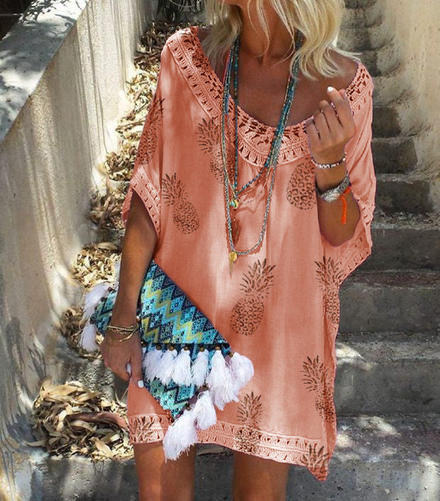Chic Lace Print Dress Greta  Summer V-Neck