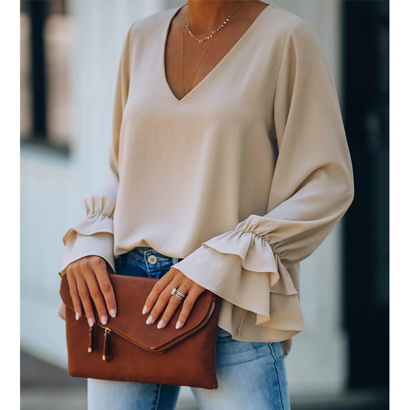 Elegant V-Neck Ruffle Sleeve Top by Greta 