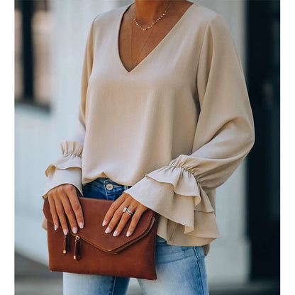 Elegant V-Neck Ruffle Sleeve Top by Greta 
