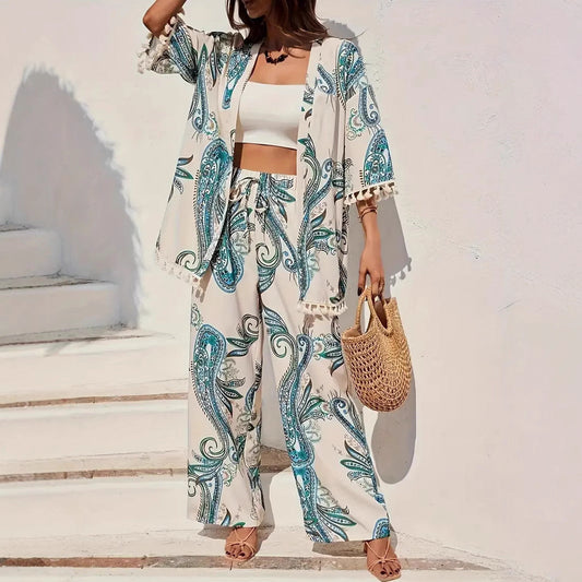 Chic Printed Greta  Cardigan Pants Set