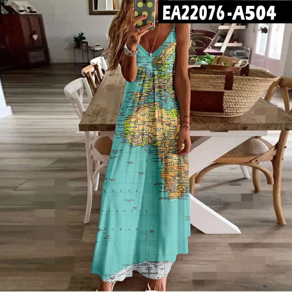 Chic Map Print Greta  High Waist Maxi Dress