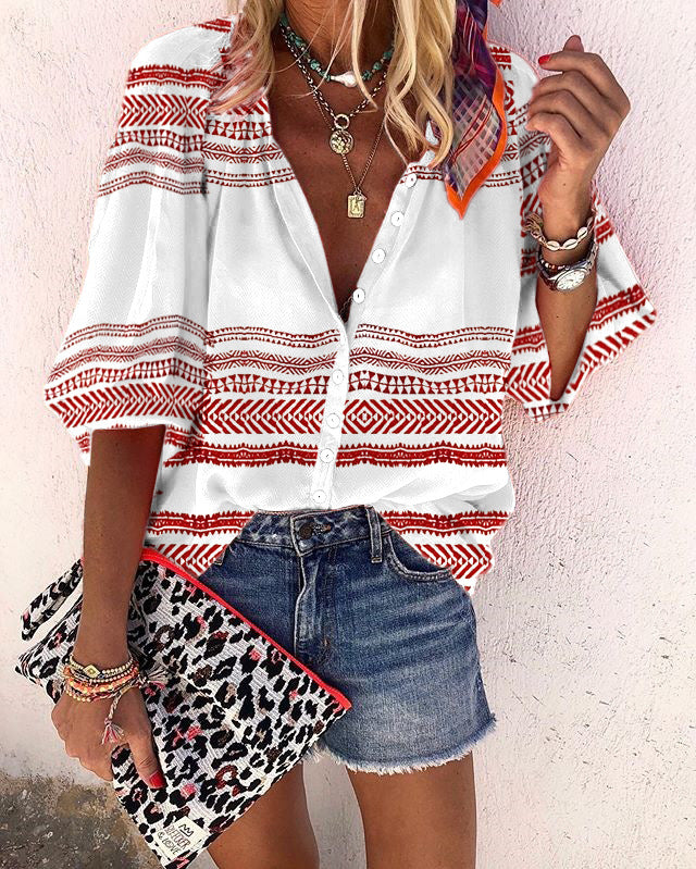 Boho Stripe Print Greta  Button Blouse