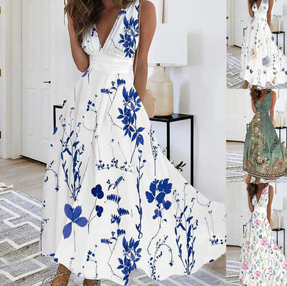 Floral V-Neck High Waist Dress by Greta 