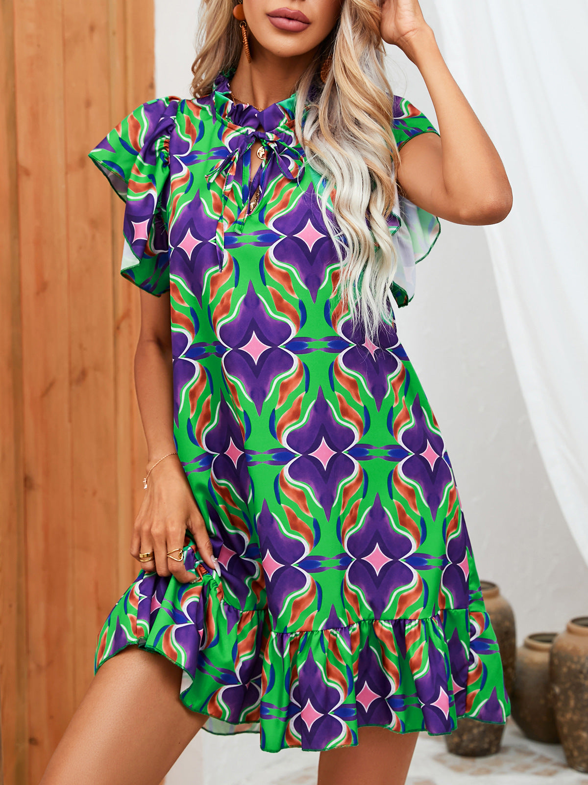 Vibrant Print Ruffle Dress by Greta 