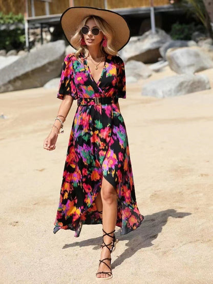 Vibrant Asymmetric V-Neck Dress by Greta 