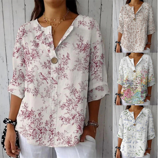 Floral Print Greta  Button V-Neck Casual Top