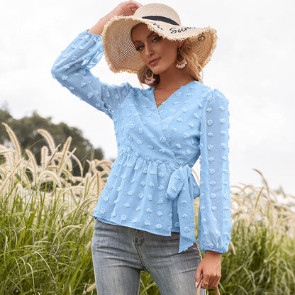 Elegant Jacquard V-Neck Blouse by Greta 