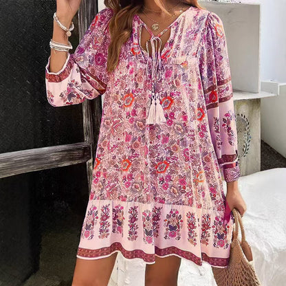 Bohemian Floral Greta  V-Neck Midi Dress