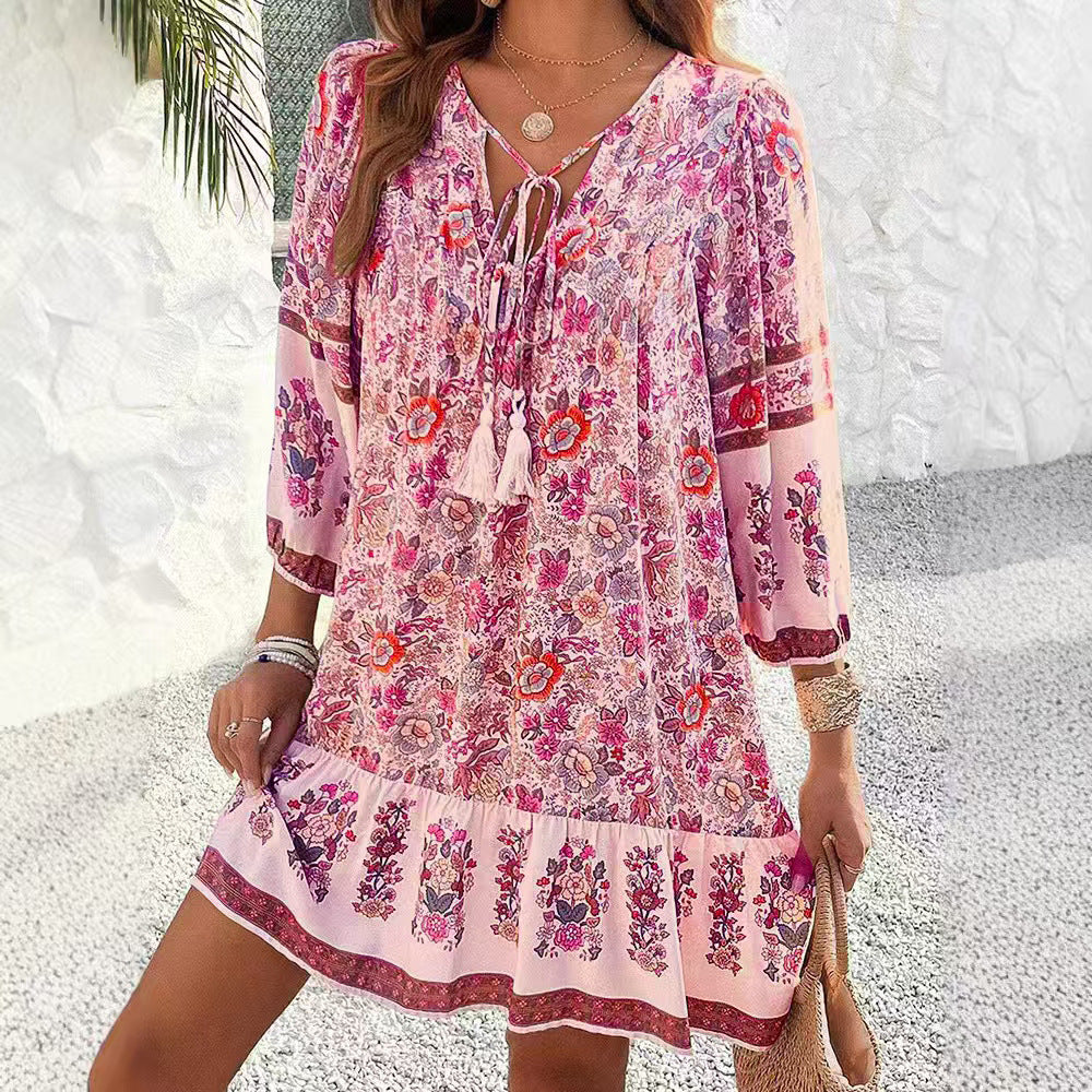 Bohemian Floral Greta  V-Neck Midi Dress