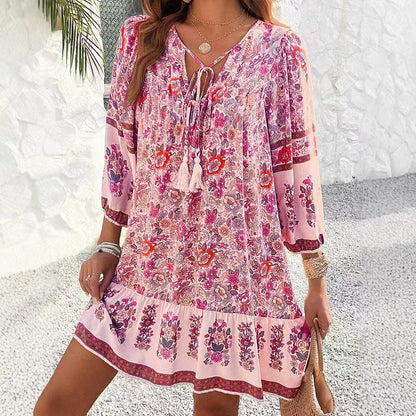 Bohemian Floral Greta  V-Neck Midi Dress