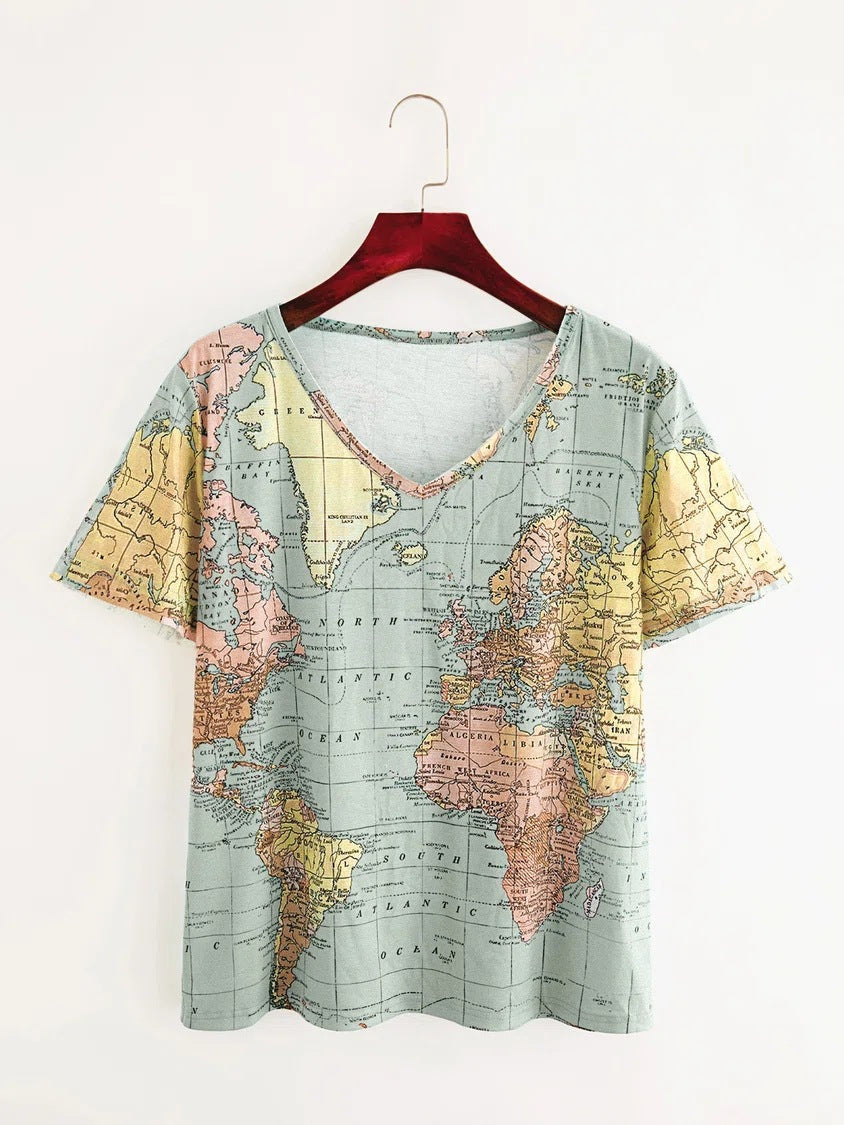 Map Print Greta  V-Neck Everyday Top