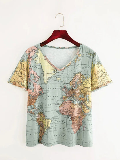 Map Print Greta  V-Neck Everyday Top