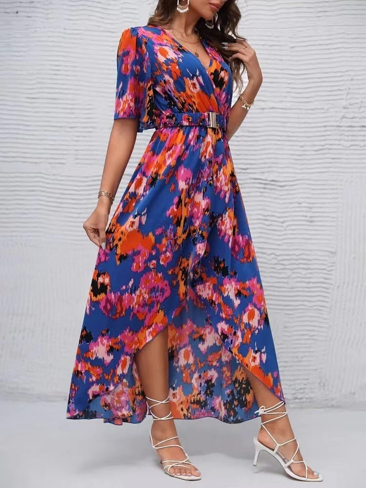 Vibrant Asymmetric V-Neck Dress by Greta 