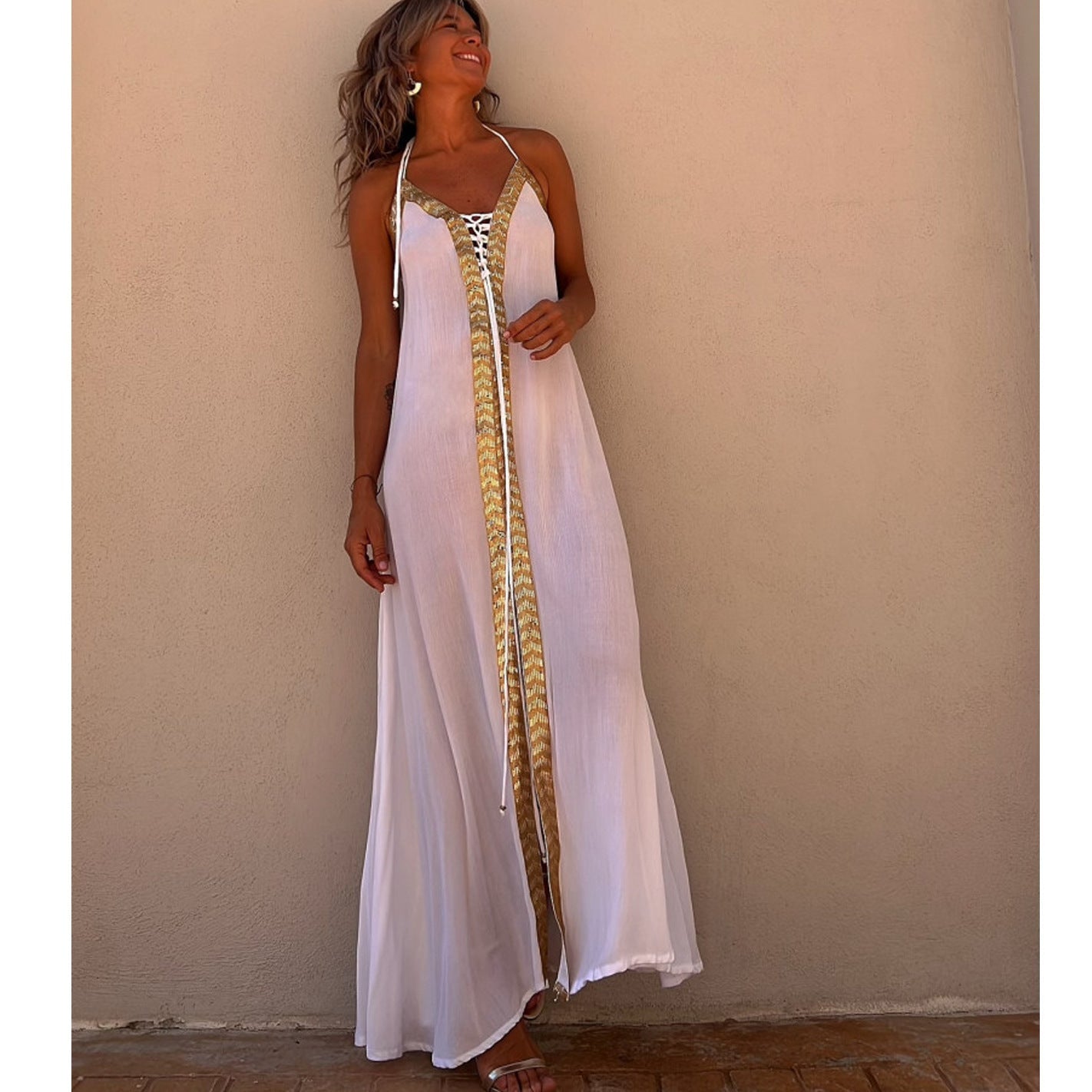 Elegant Lace-Up Halterneck Dress by Greta 