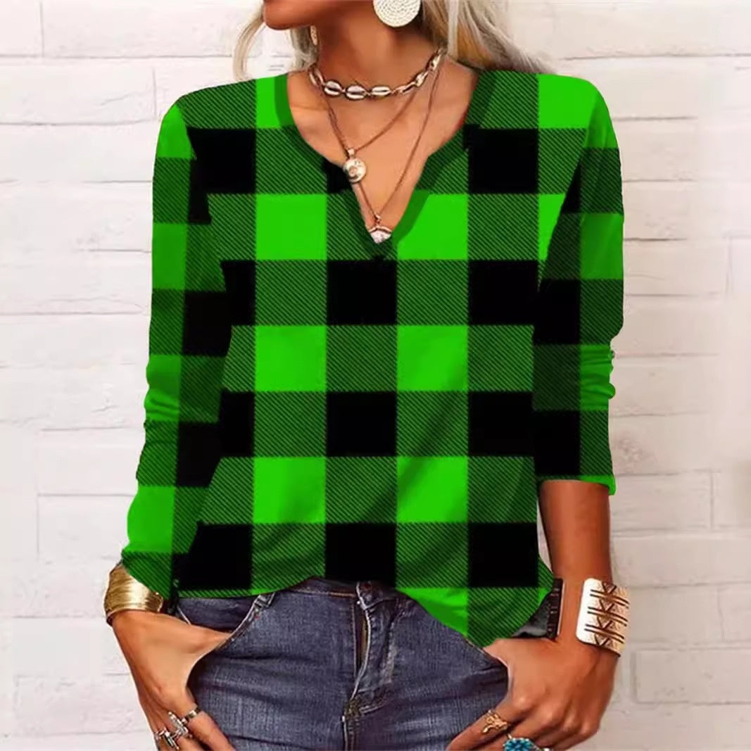 Plaid V-Neck Long Sleeve Top by Greta 