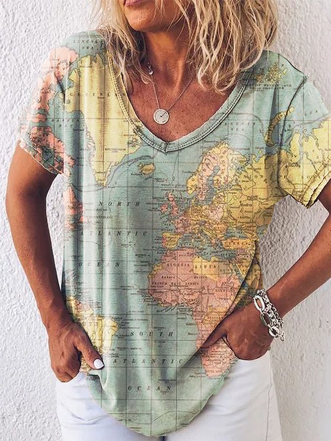 Map Print Greta  V-Neck Everyday Top