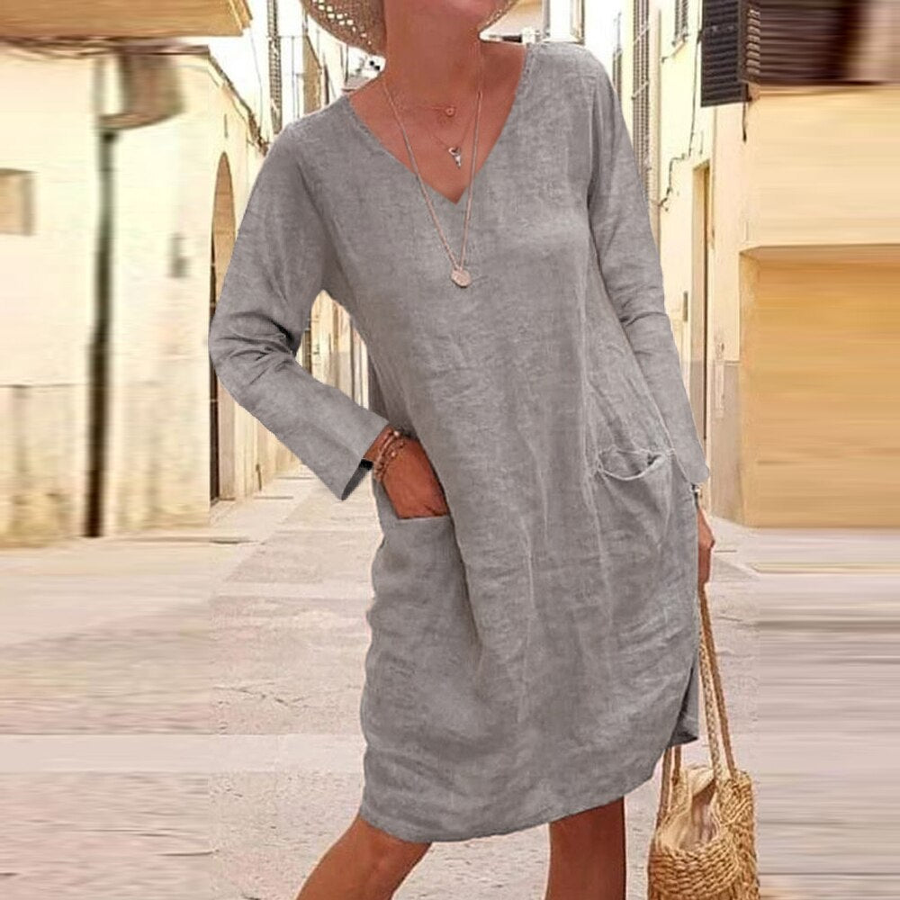 Elegant Cotton Linen V-Neck Dress by Greta 