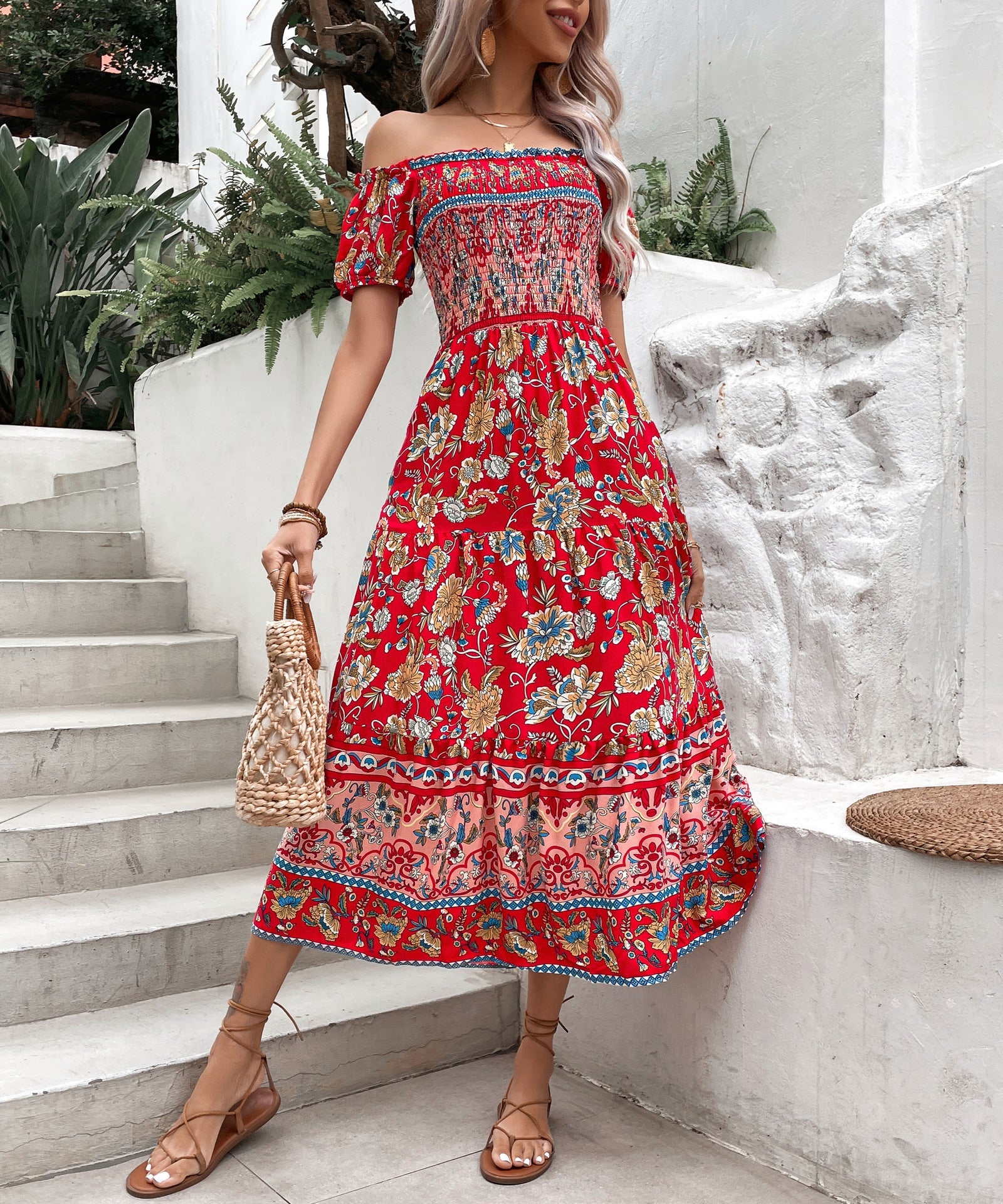 Boho Floral Greta  Off-Shoulder Midi Dress