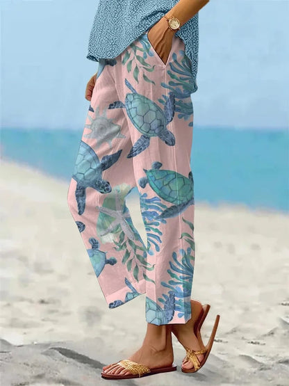 Sea Turtle Print Greta  Cropped Pants
